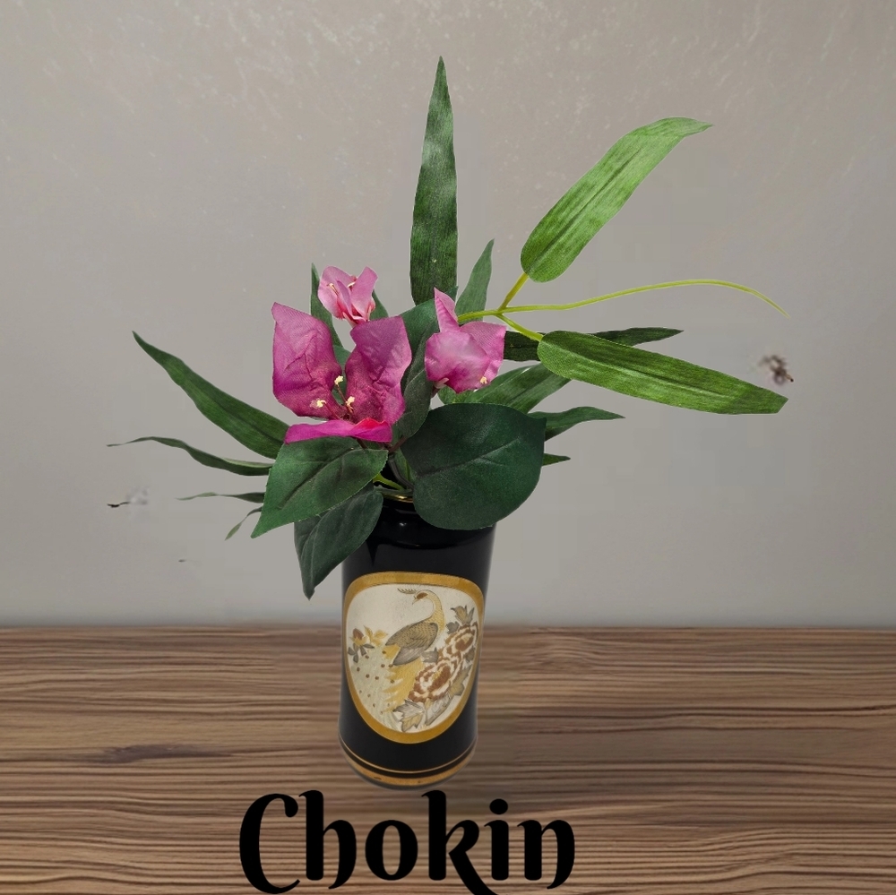 Vintage Chokin Collection Vase Engraved Bird Design With Flower Black Pottery